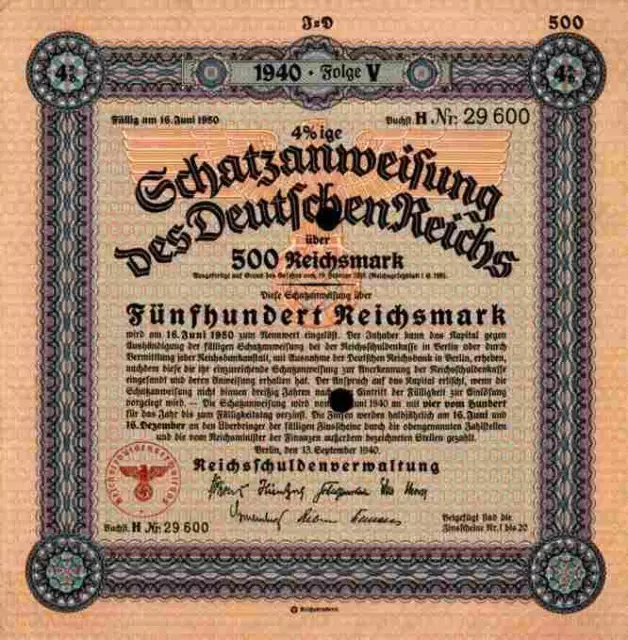 DEUTSCHES Reich 1940 Berlin Adler 500 RM Schatzanweisung Buchst. H Zinsscheine