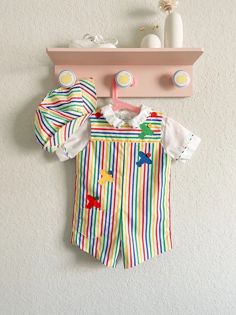 Vintage Lisa Jackson Airplane Stripe Rainbow Set Toddler Boy Romper 12 Months
