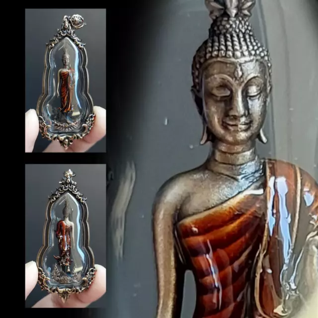Walking Buddha Phra Leela Bronze Thai Amulet Pendant Beautiful Casing
