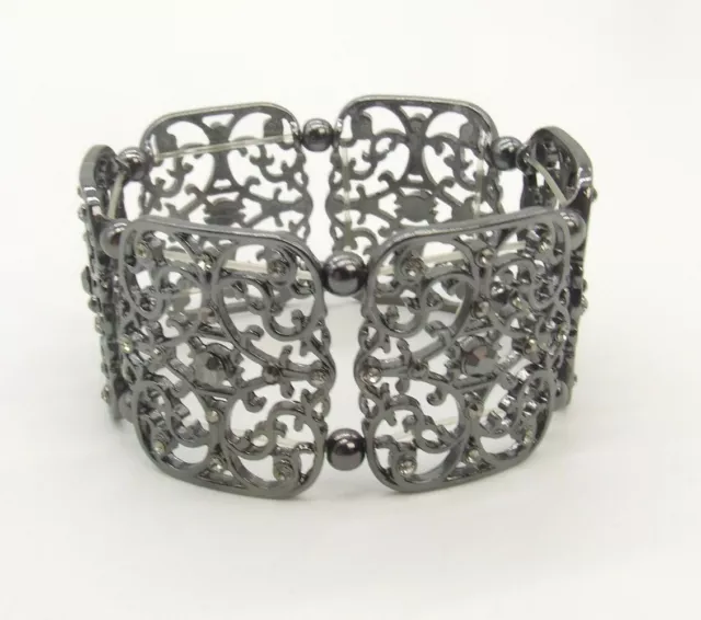 7" Black Metallic Black Crystal Filigree Panel Stretch Bracelet Cuff 1.25" Wide