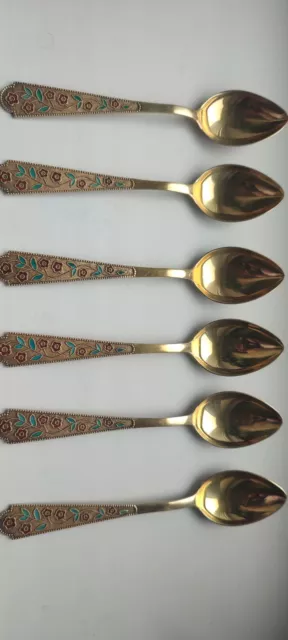 1970"s Set of 6 Spoons Vintage USSR Gilt Sterling Silver 875 Enamel 130 gr