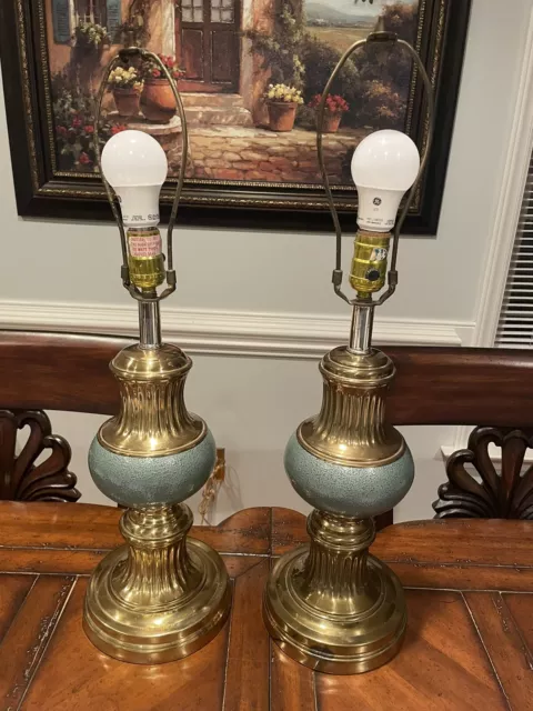 VINTAGE Alsy Table Lamp Pair MCM  Brass Ceramic Neoclassical Green With Leviton!