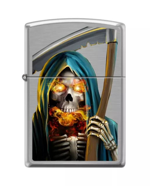 Zippo 82250 skull grim reaper hood scythe fire flames bones rib cage Lighter