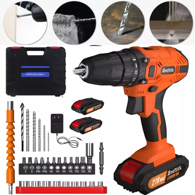 Cordless Drill Driver Screwdriver Bits 21V Lithium-ion Battery Power Drills Set