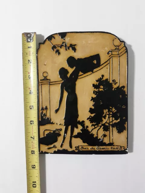 Vintage Plaster Of Paris Tile "Over the Garden Wall" Painted Silhouette. 3