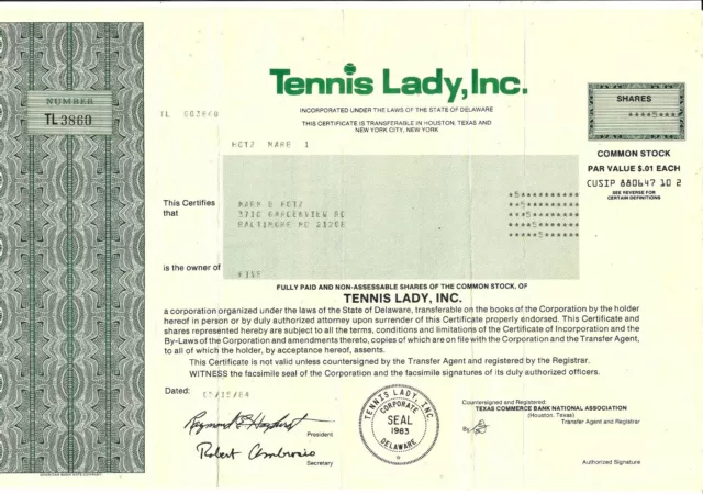 Tennis Lady, Inc. 1984 Stock Certificate Uncancelled
