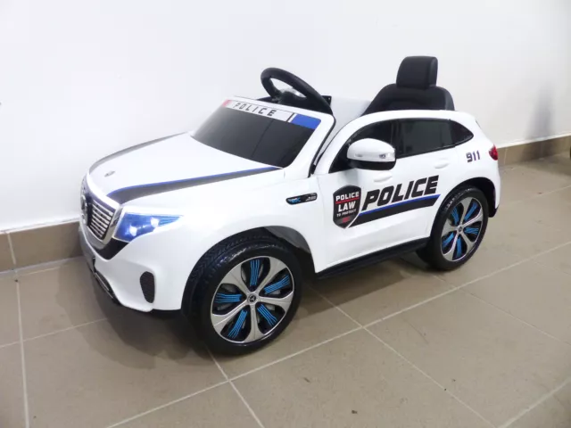 Kinder Elektroauto Mercedes EQC Polizei 2x Motoren MP3 USB Fernsteuerung Weiss