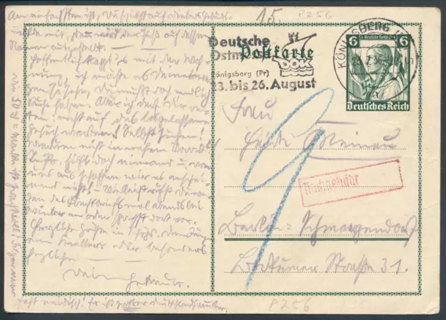 DR Ganzsache GS P 256 Postkarte Königsberg 1936 Nachgebühr SSt Ostmesse