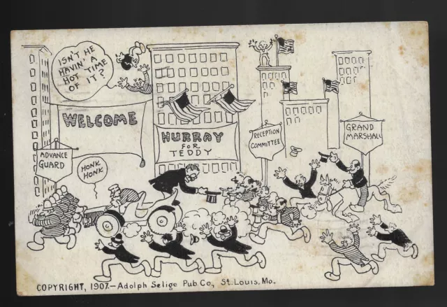 1907 Teddy Roosevelt Adolf Selige Cartoon Postcard City Parade with TR Greeting