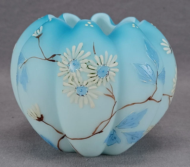 Victorian Bohemian Hand Enameled White Floral Blue Satin Glass Rose Bowl