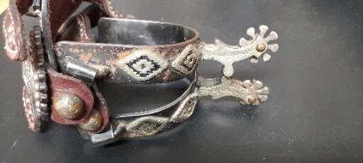 Pair Of Cowboy Spurs With Native American With Leathers Design By Colorado