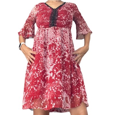 Vicky and Lucas Women Boho Mini Dress Medium M Maroon White Pleated Ruffle Lined
