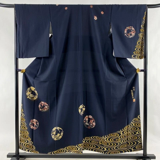Woman Japanese Kimono Houmongi Silk PlumBlossom Running Water Chirimen DarkBlue