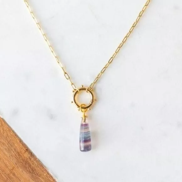 STUNNING GENUINE Fluorite Pendant w/ Gold paperclip chain Necklace WATERPROOF