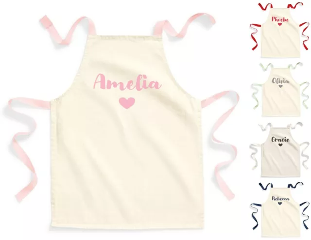 Kids Personalised Name Heart Fairtrade Cotton Craft Apron School Baking Painting