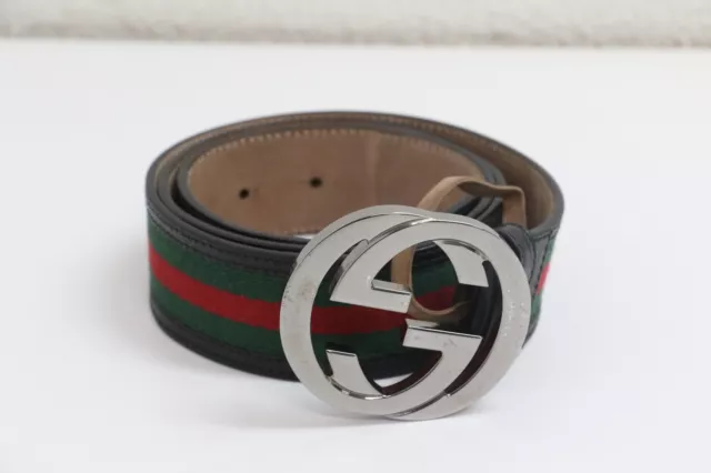 Gucci 114984 Web Green Red Canvas Leather Interlocking G Buckle Belt 90 / 36