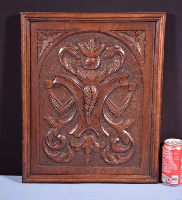French Antique Deeply Carved Solid Oak Wood Panel with Carvings