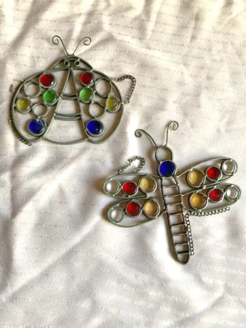 Vintage stained glass garden ladybug and dragonfly