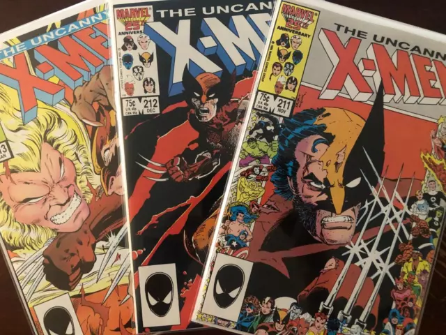 Vintage 1986 UNCANNY X-MEN #211 212 213 MUTANT MASSACRE LOT! SABRETOOTH vs WOLV!