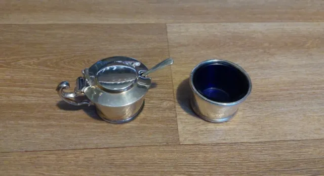 Silver Plate Mustard Pot Spoon Salt Cellar Set by James Dixon and Sons E185