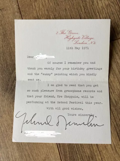 Yehudi Menuhin Signed Letter 1971 Peredur School Violinist Autograph