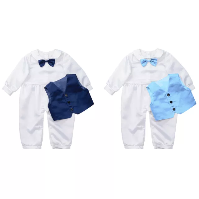 Baby Boy Christening Outfit Baptism Clothing Suit Long Sleeve Romper+Waistcoat