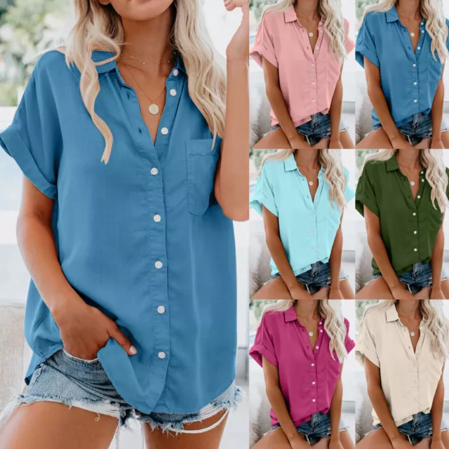 Fashion Womens Short Sleeve Pocket Button Tee Casual Popular Blouse Tops(S 3XL)