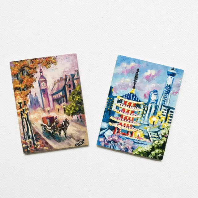 Set of 2 Tower of Old London Japanese Painting Tokyo Cityscape ACEO original art 2