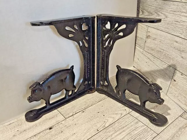 Pig Shelf Bracket Pair Black Rustic Cast Iron 5.75" x 6"