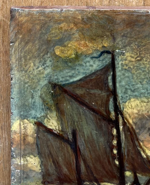 Antique Oil Landscape Sea Marine Boat Sailboat Wave Sky Cloud Signed 3