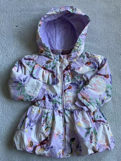 Ted Baker Baby Girl Lilac Floral Bird Puff Jacket Coat Rain Lightweight 12-18 M