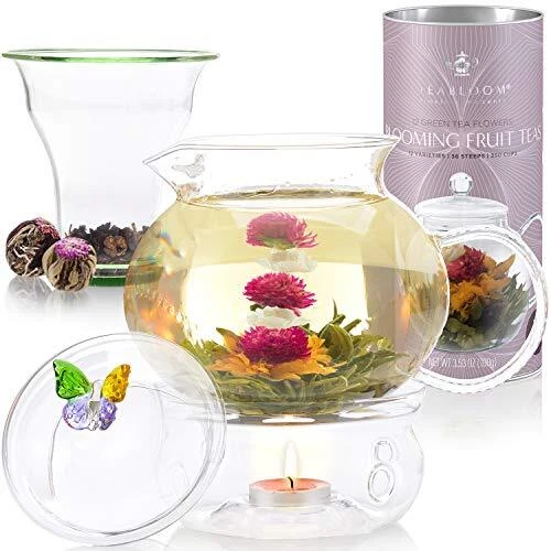 Wings of Love Blooming Tea Gift Set - 40 oz Borosilicate Glass Teapot, Teapot