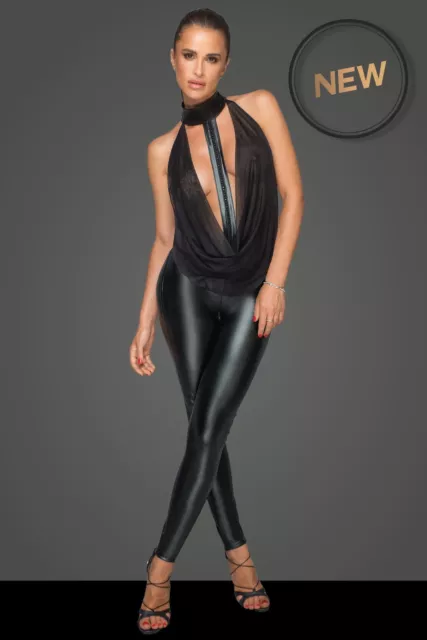 Tuta nera fatta a mano wetlook catsuit F223 nera choker guinzaglio wetlook body