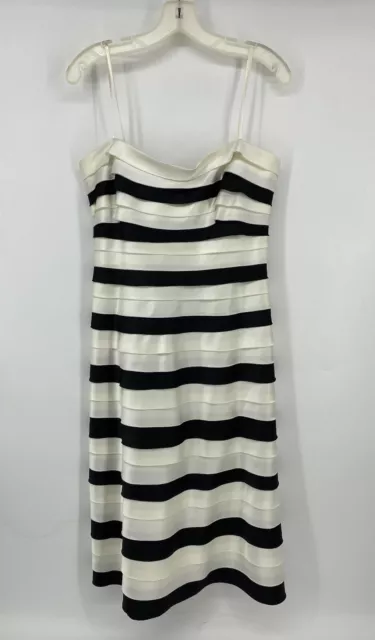 BCBG MAXAZRIA Strapless Tiered Satin Black White Sheath Dress Size 12 EUC