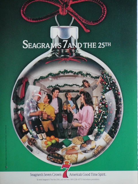 Seagram's 7 Christmas Ornament Vintage 1987 25th & 7 Original Print Ad 8.5 x 11"