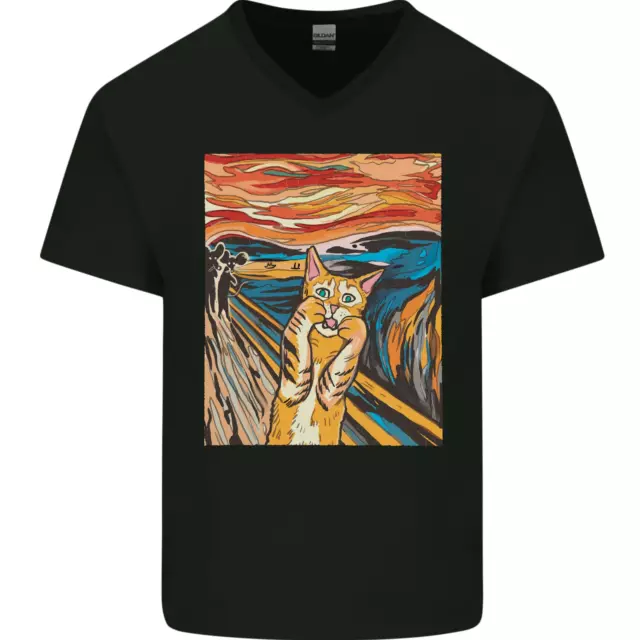 Cat Scream Painting Parody Mens V-Neck Cotton T-Shirt