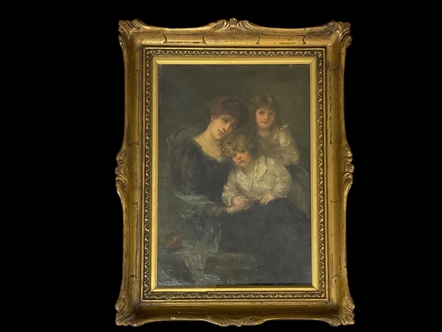 ANTIQUE EARLY VICTORIAN Oil On Canvas Portrait Of Lady,Boy And Girl ...