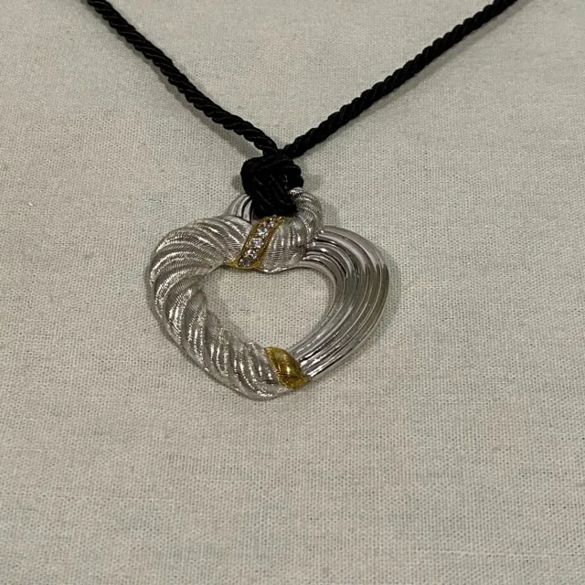 Judith Ripka 2 Tone Sterling Silver CZ Heart Necklace with Adjustable Silk Cord