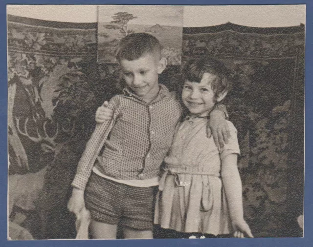 Beautiful boy and girl hugging, beautiful children Soviet Vintage Photo USSR