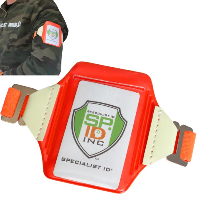 Armband ID Badge Holder - Reflective Orange - Elastic Band & Glow in Dark Tabs