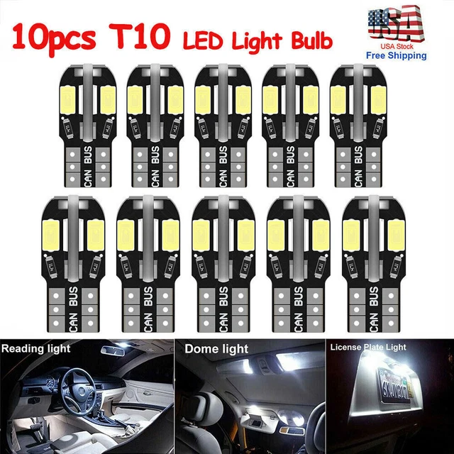 10pcs T10 194 168 LED Light Bulbs W5W Dome License Side Marker Lamps 6500K White