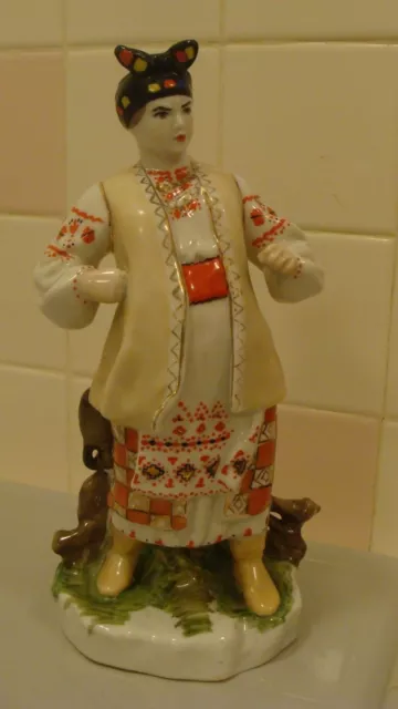 Russian Ukrainian FOLK ART Hand Painted Porcelain Woman 9.7" Tall Made in USSR