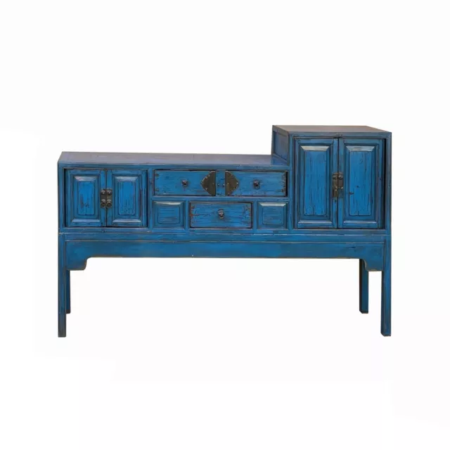 Vintage Chinese Distressed Bright Blue Drawers Foyer Narrow Side Table cs7743