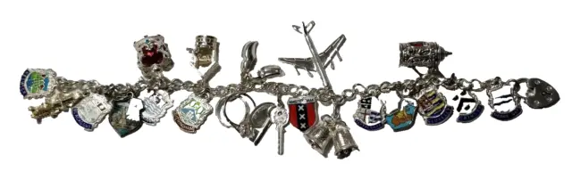 1950's Sterling & 800 & 835 Silver Charm Bracelet with 23 Charms 42.4grams vssa