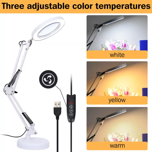 White 10x Magnifying Glass Desk Foldable Lamp Magnifier  Reading LED Light