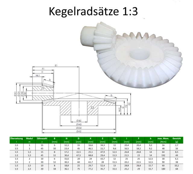 Bevel Gears Module 1-2, 5 From Pom 1 Set = 2x Plastic Transmission 1:3