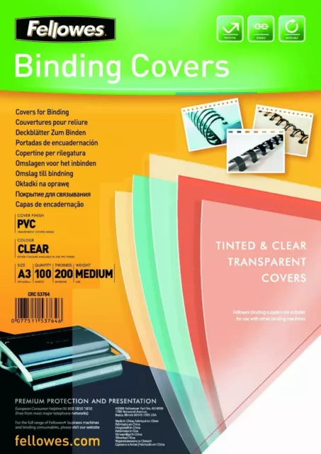 100 Blatt Fellowes PVC Deckblätter A3 200 Mikron, transparent binden Bindeblätte
