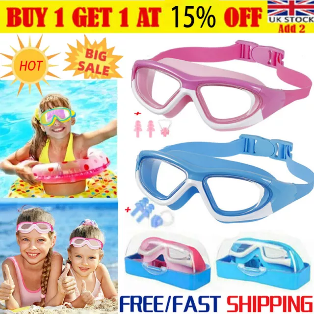 Anti Fog Swimming Goggles UV Glasses Adjustable Earbuds Nose Clip Kids Boy Girls