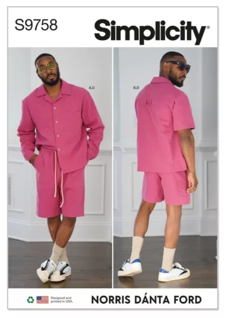 Simplicity 9758 Men's Relaxed Fit Shirt & Shorts Sewing Pattern Sz 34-42, 44-52