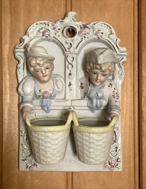 Occupied Japan - Bisque Figural Double Match /Toothpick  Holder Wall Plaque